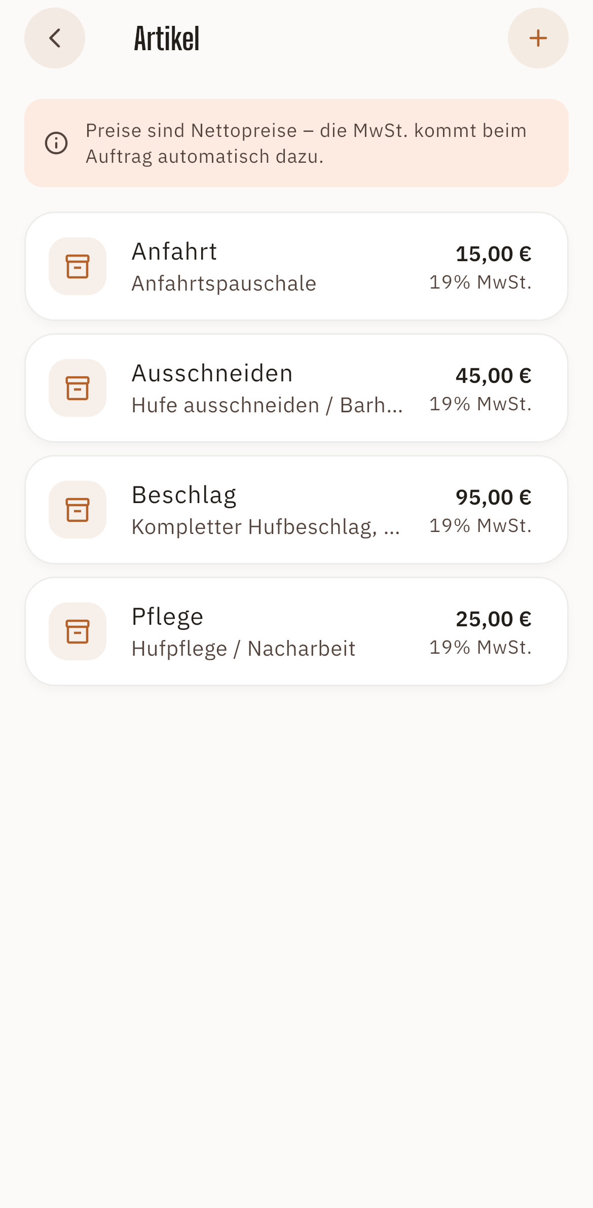 Screenshot: Artikelverwaltung in der Equidesk App