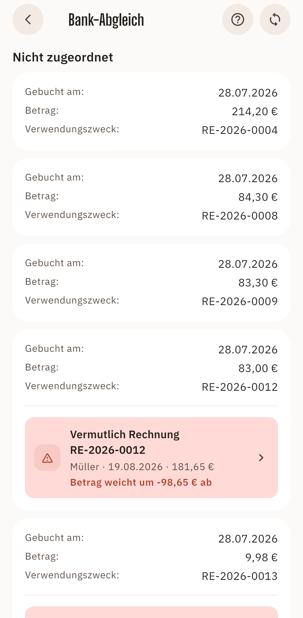 Screenshot: Bankabgleich in der Equidesk App