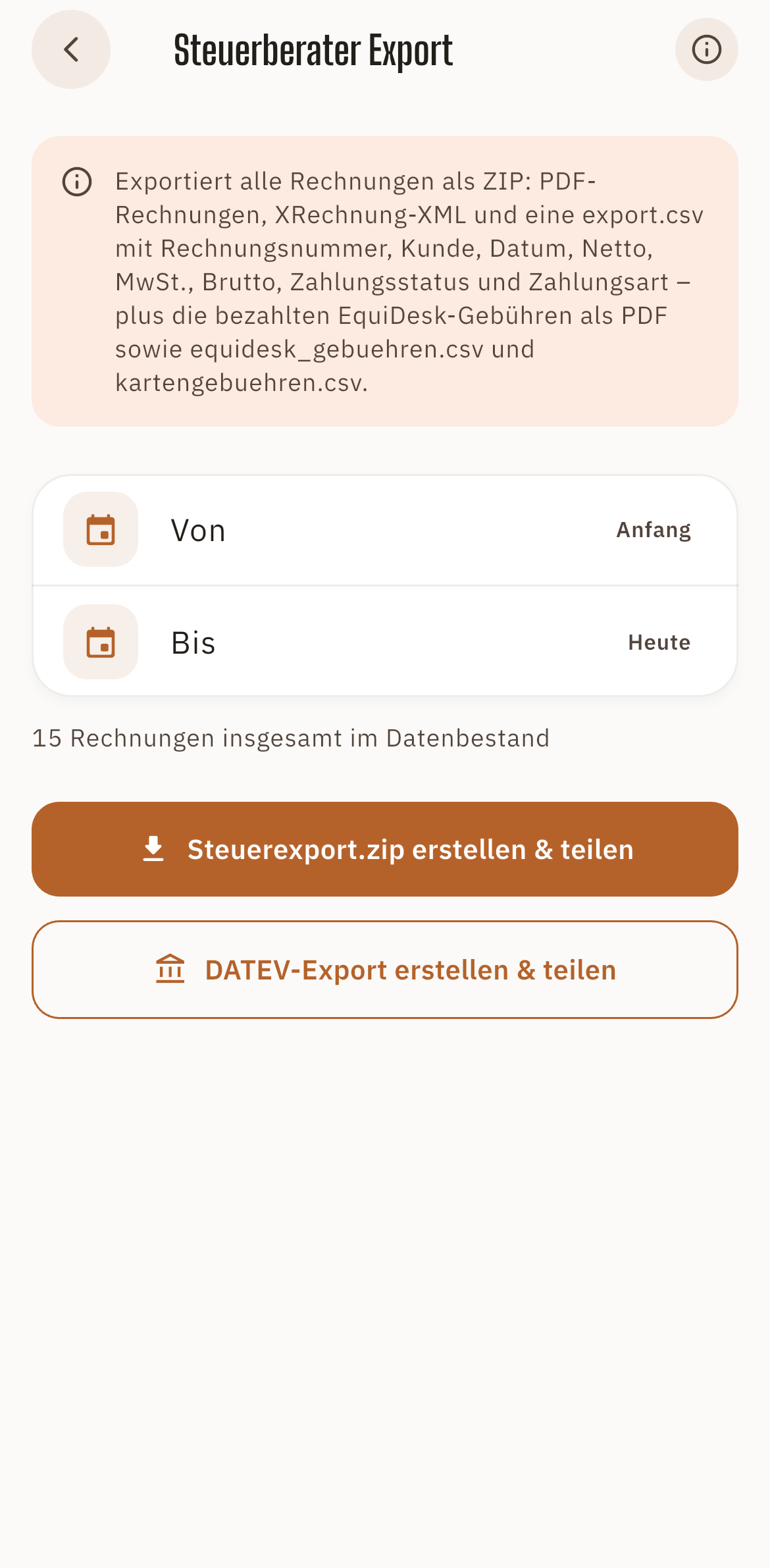 Screenshot: Steuer-Export in der Equidesk App