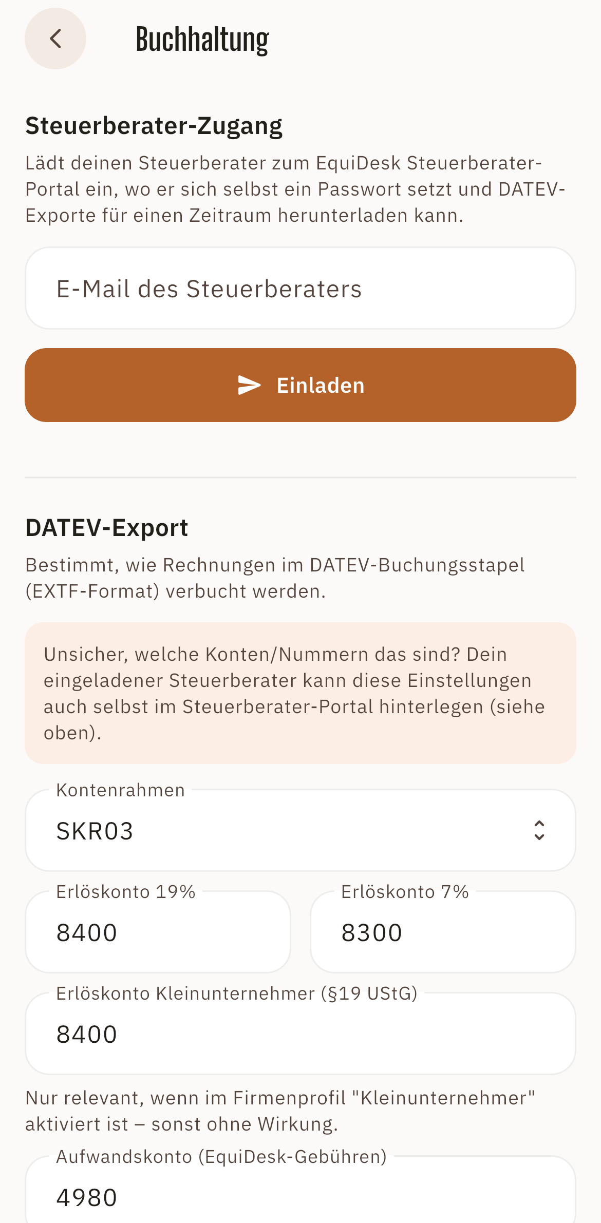 Screenshot: Steuerberater-Einladung in der Equidesk App