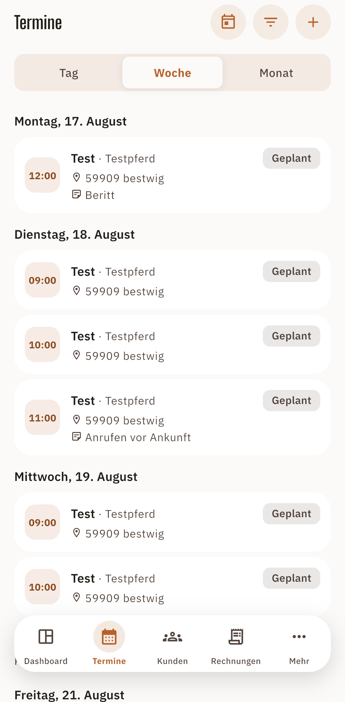 Screenshot: Termine für Unterricht & Beritt in der Equidesk App